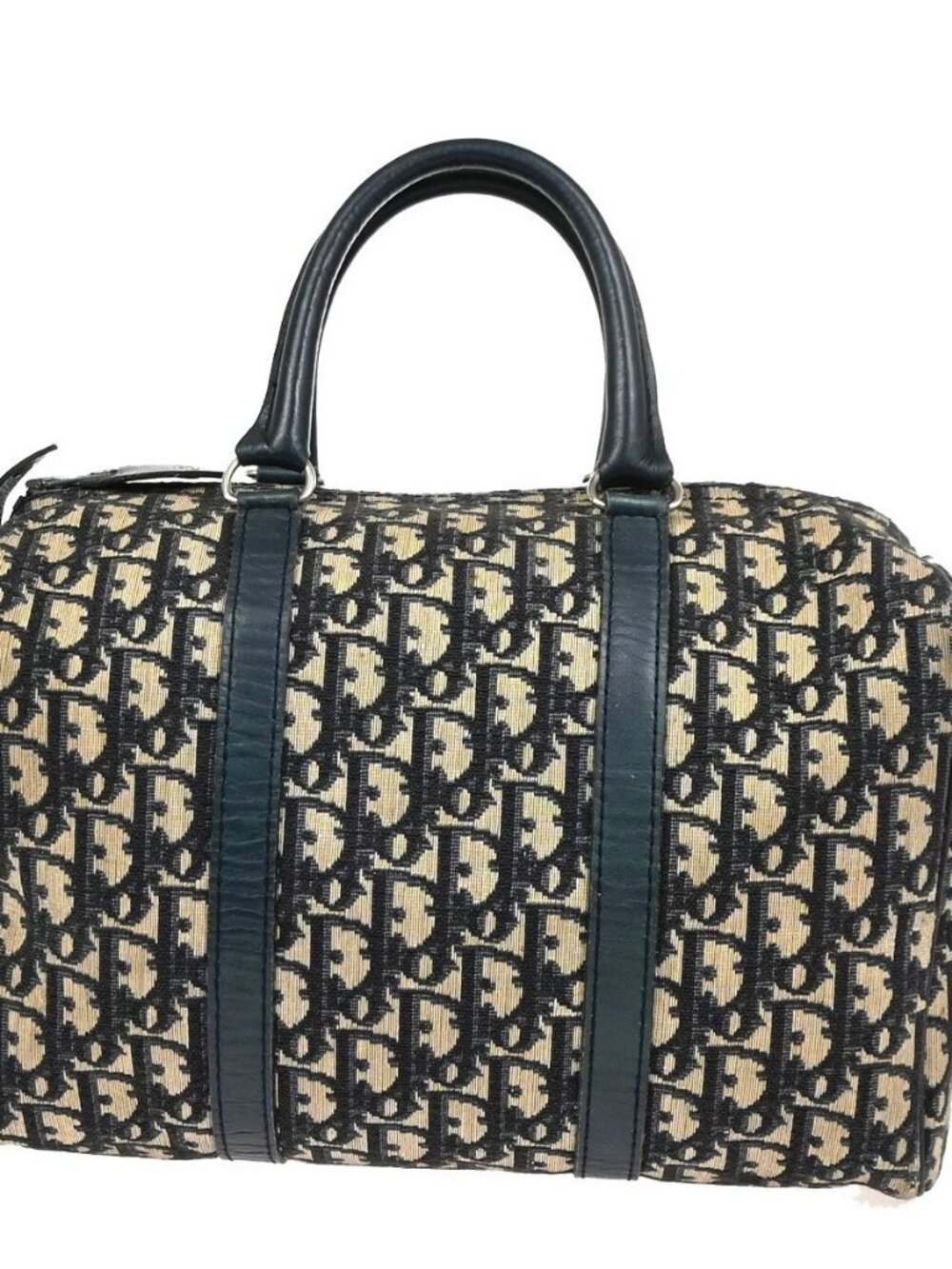 CHRISTIAN DIOR Logo Trotter Pattern Boston Hand Bag Canvas Leather Blue 76KD694